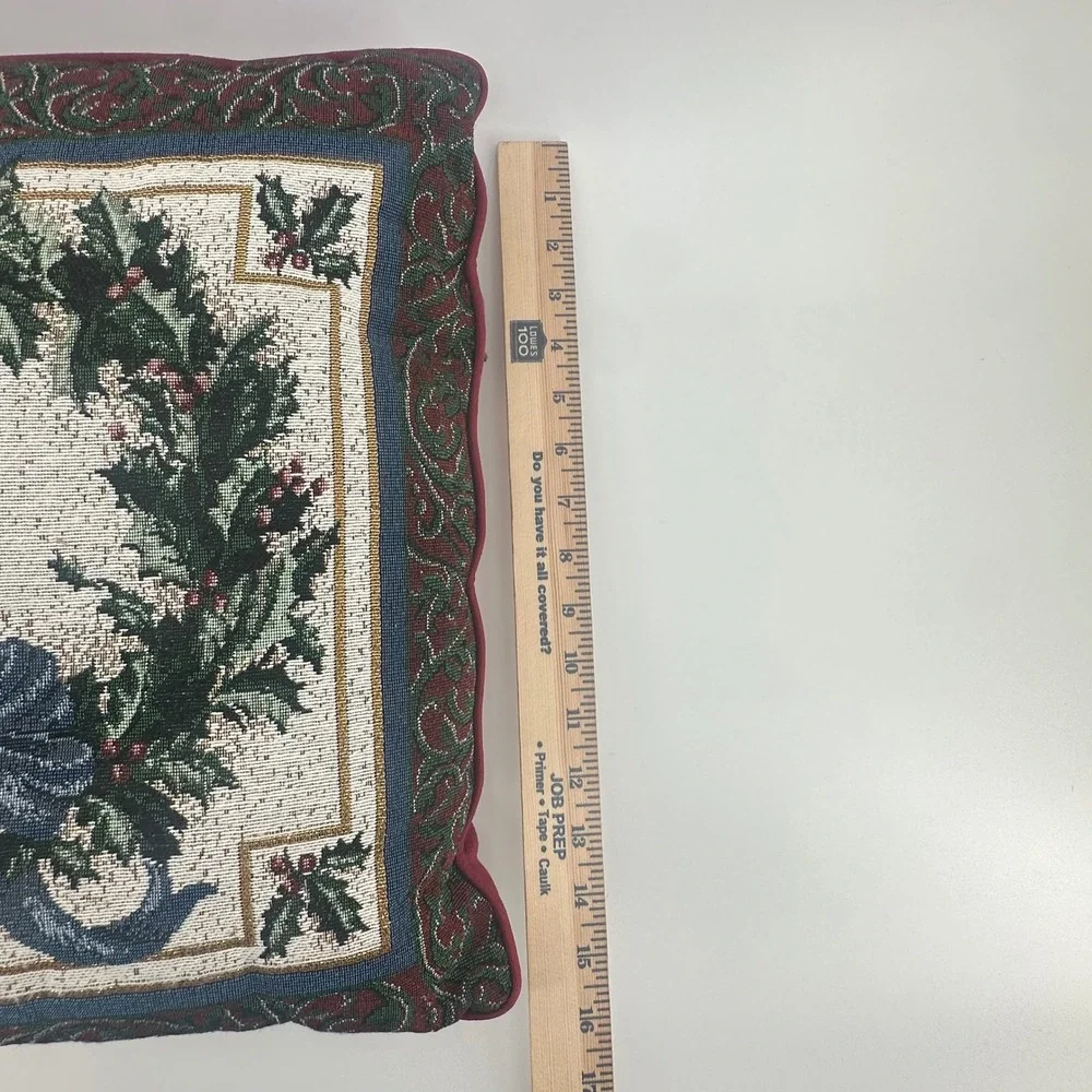 Vintage Christmas Wreath Tapestry Throw Pillow Holly Berry Blue Bow Red 16x16